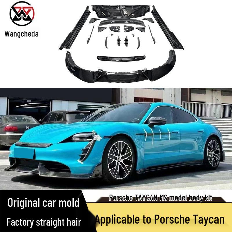 Porsche Taycan Carbon Fiber MS Style Body Kit: Front Lip, Rear Lip, Side Skirts & Rear Spoiler.