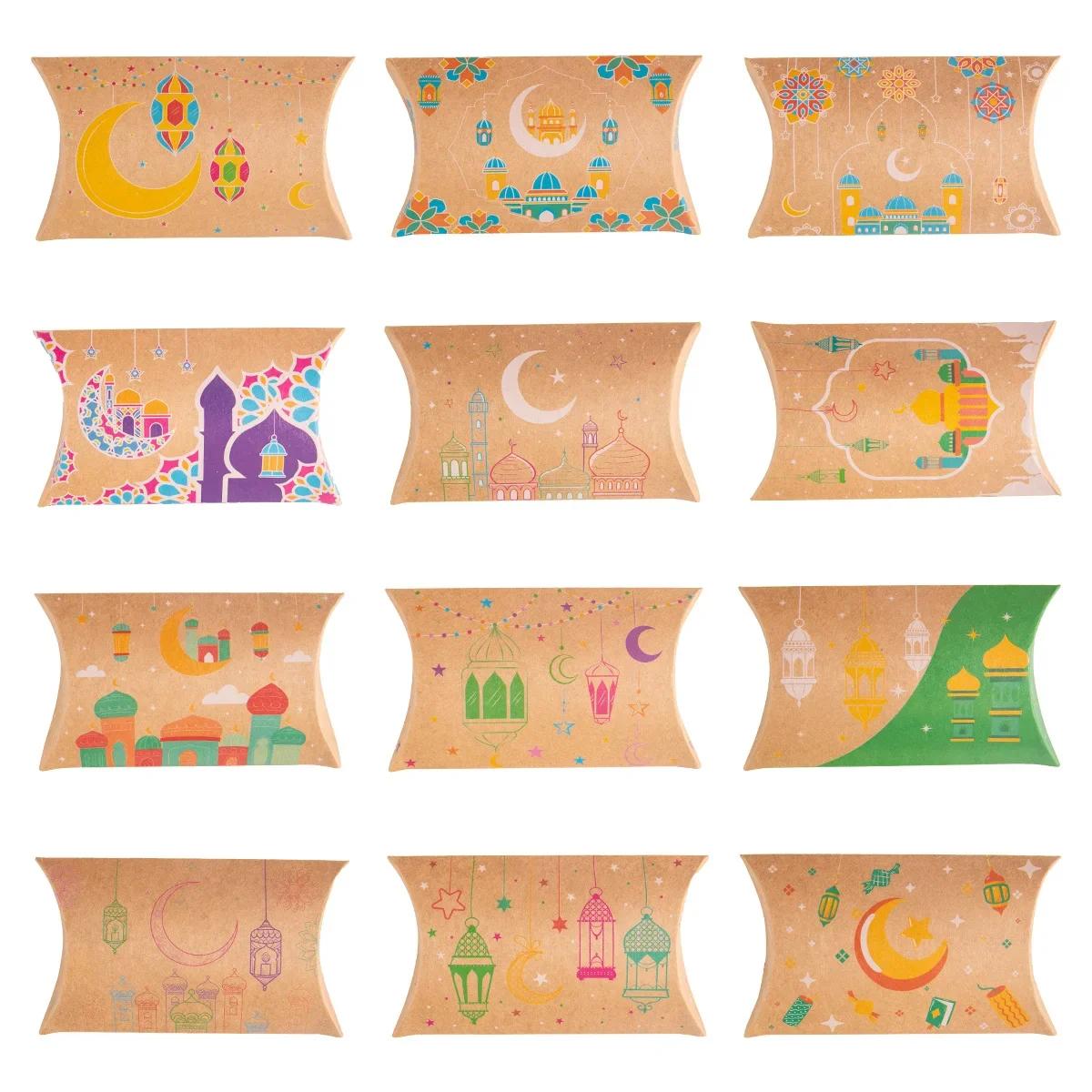 

12 шт. Рамадан Ид Мубарак Подушка в форме подарочного пакета из крафт-бумаги Коробка для конфет, печенья, коробка для исламской мусульманской вечеринки Рамадан Карим Украшение Подарок 12x7cm