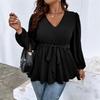 Large Size Women's New V-neck Lantern Sleeve Top Women's Lace-up Waist Thin Ruffle Hem T-shirt