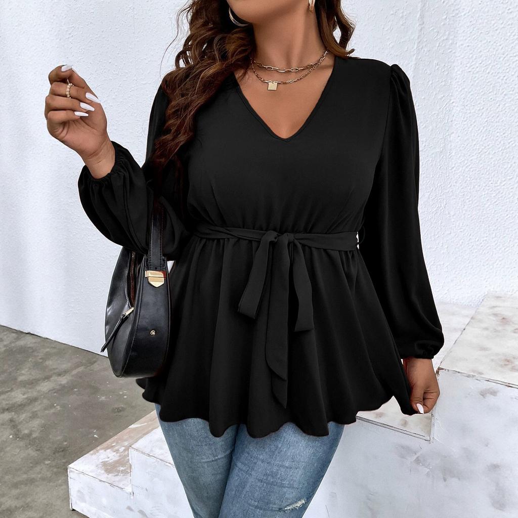 Large Size Women's New V-neck Lantern Sleeve Top Women's Lace-up Waist Thin Ruffle Hem T-shirt