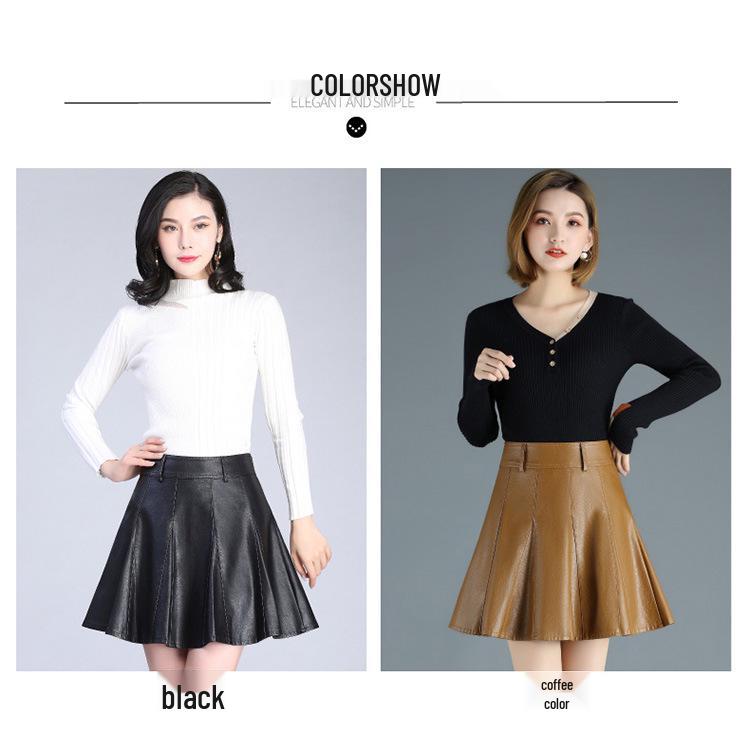 2022 High-Waisted A-line PU Faux Leather Pleated Skirt - Autumn/Winter Women's Stylish Short Umbrella Skirt