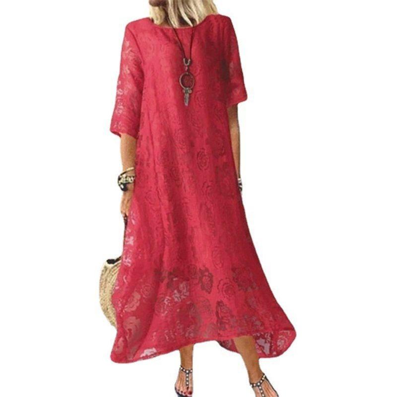 

Short-Sleeve Lace Dress round Neck Short sleeve Lace Stitching Long Casual Loose Dress Women Red XL