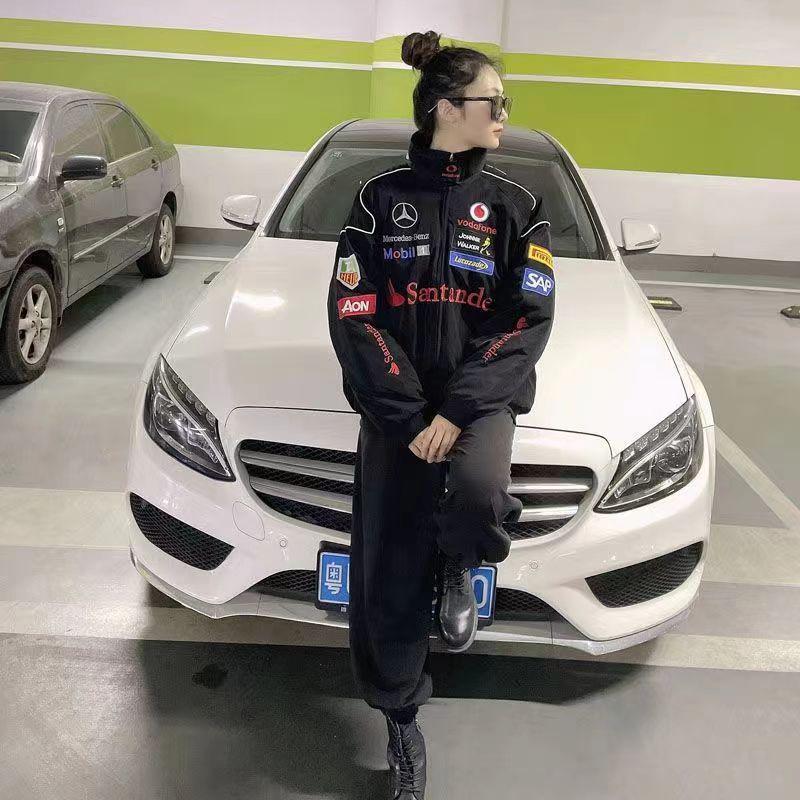 Amerikanischer Retro F1 Rennanzug: Bestickte Motorradjacke