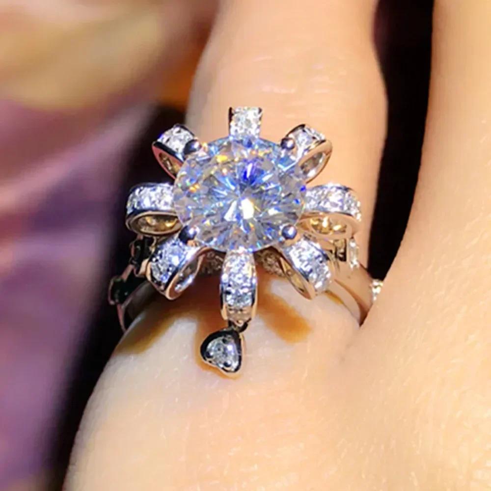Huitan Creative Flower Shaped Cubic Zirconia Rings For Women Full Bling Iced Out Lady S Ring Anniversary Party Fashion Jewelry 6