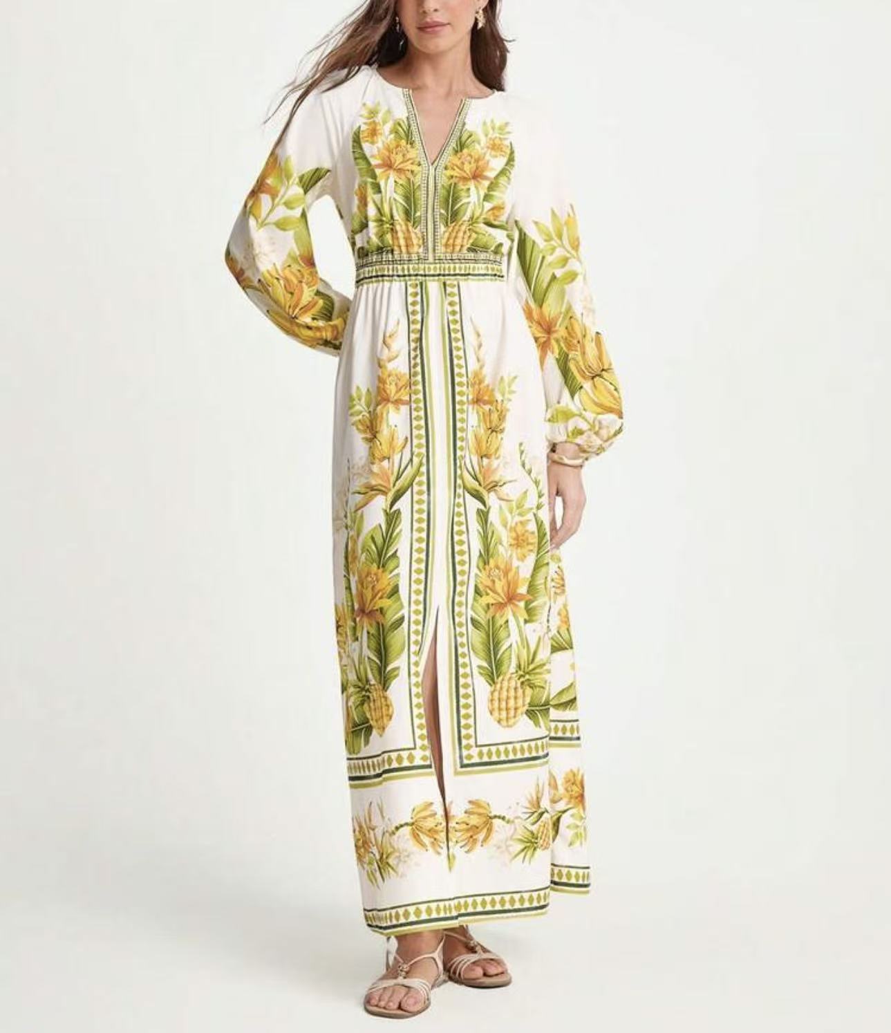 2026 popular v-neck printed bohemian bubble sleeve long dress S жёлтый