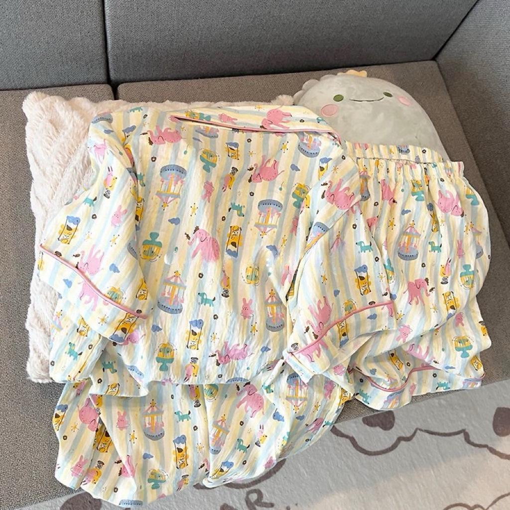 Women's Summer Cotton Pajama Set - Sweet Cardigan, Short Sleeve Top, and Shorts for Home Wear