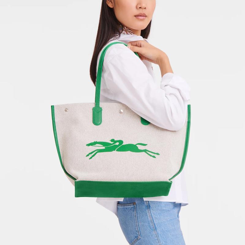 Longchamp Le Roseau Logo Print Cotton And Canvas Tote Bag Women Tote Bags Green 10090HSG129