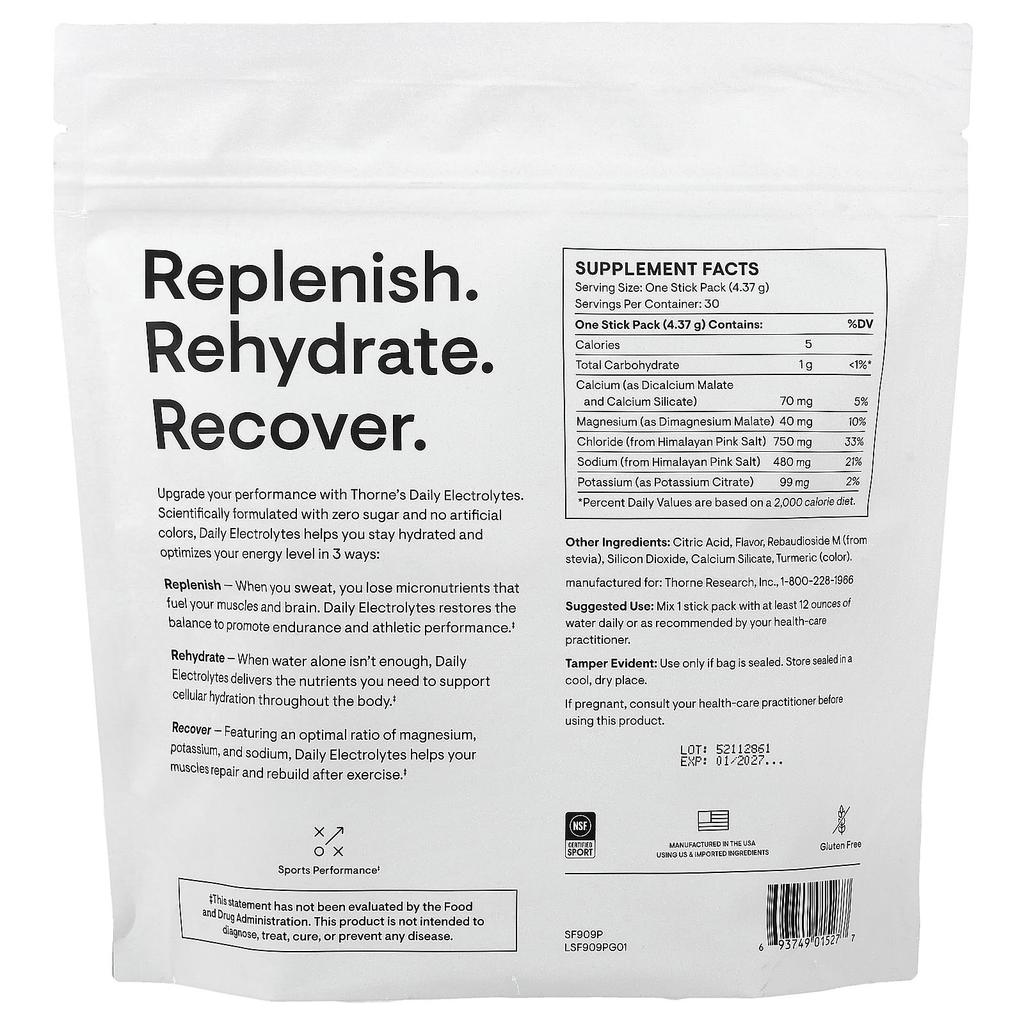 Thorne, Daily Electrolytes, Blood Orange, 30 Stick Packs, 4.37g (0.15oz) Each