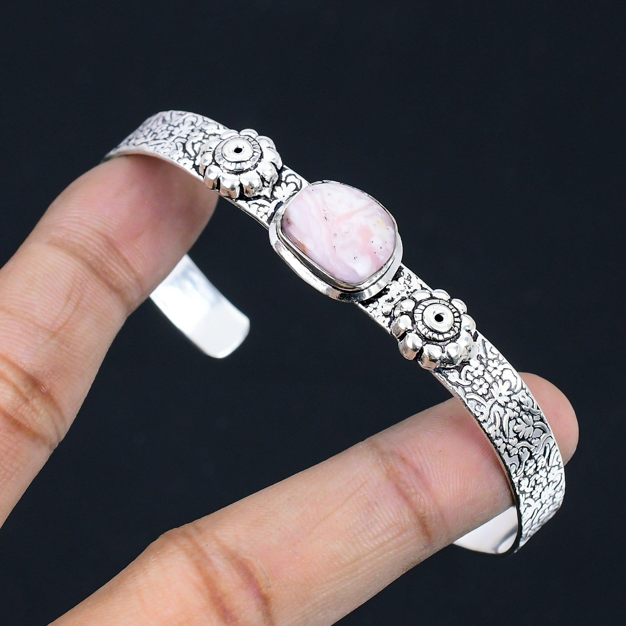 

Birthday Gift For Her Natural Rhodochrosite Bangle Adjustable 925 Silver Adjustable