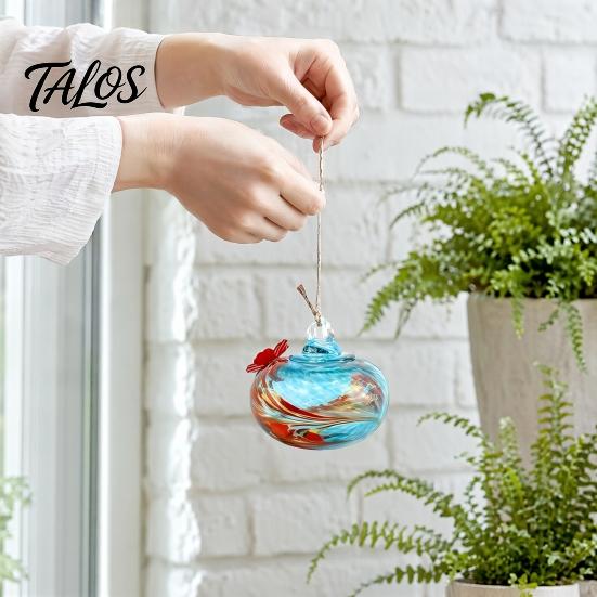 Talos Blown Glass Hummingbird Feeder, Outdoor Hanging Colorful Nectar Feeder with Two Flower Feeding Ports for Garden Backyard Decor