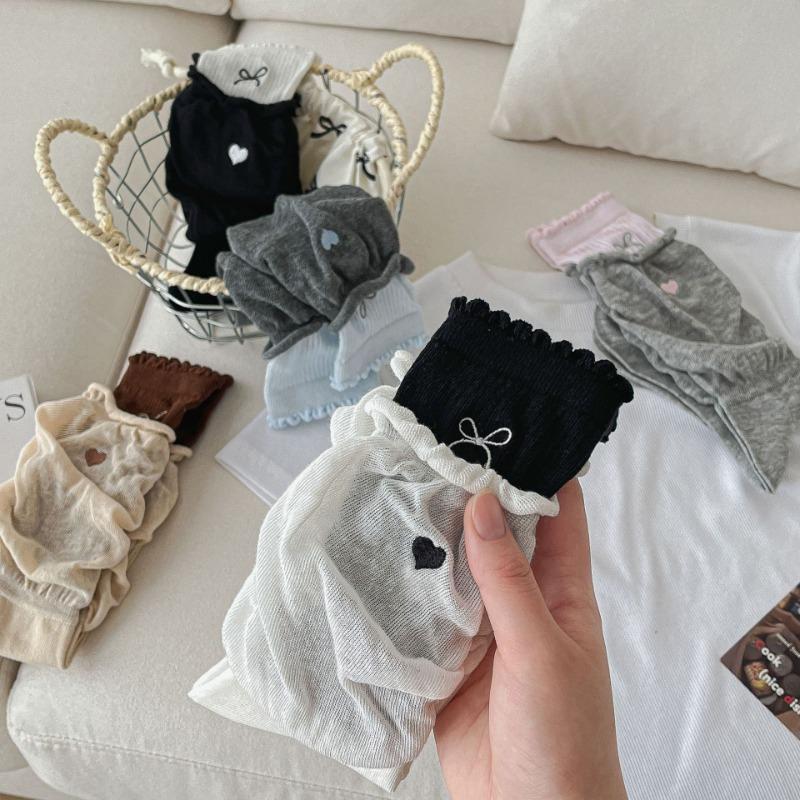 Ballet-style Dui Dui Socks for Women, Spring and Summer Embroidered Bow, Heart-shaped Mid-calf Socks, Double-layer Cotton Socks