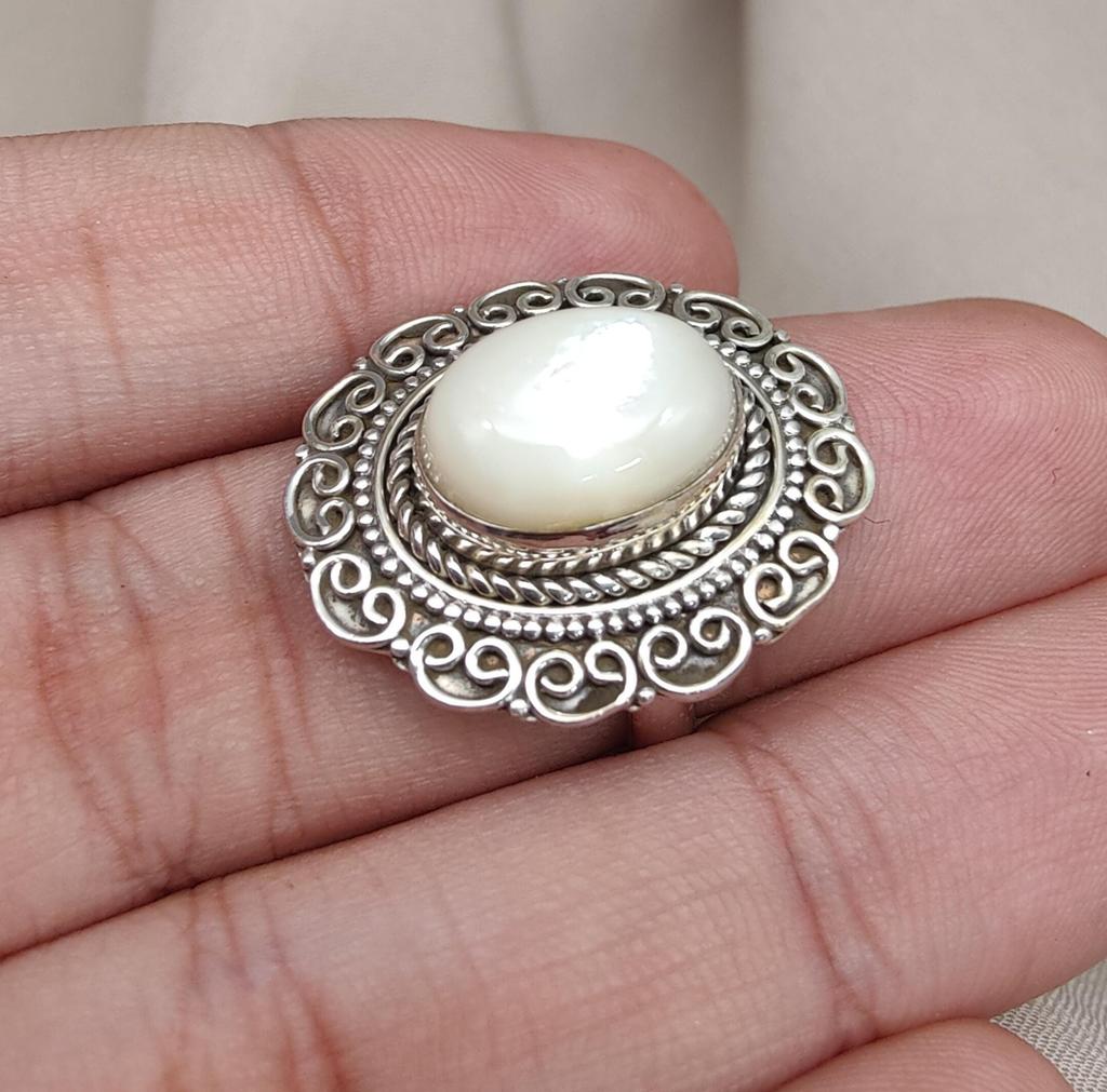 Mother of Pearl 925 Sterling Silver Ring: Handmade Boho Statement Jewelry