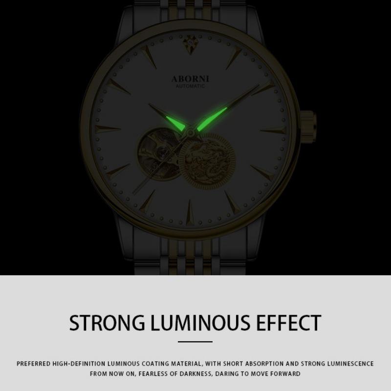 ABORNI Automatic Mechanical Watch Skeleton Gold Dragon Waterproof Luminous Diamonds Men's Watch