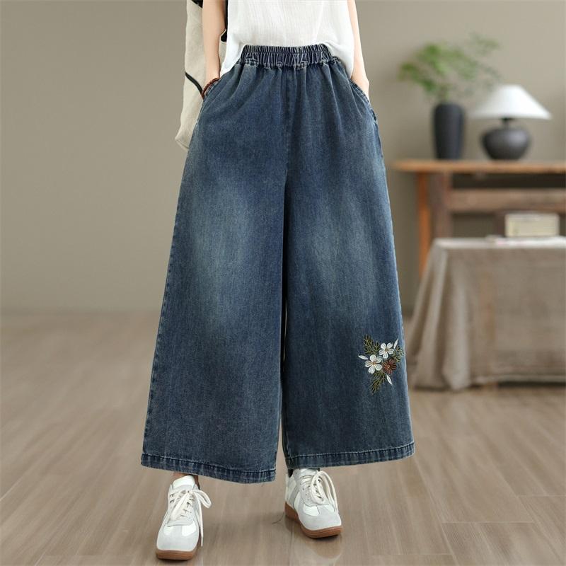 plus size Vintage floral embroidery high waist casual loose Women Spring summer autumn jeans denim wide leg Pants