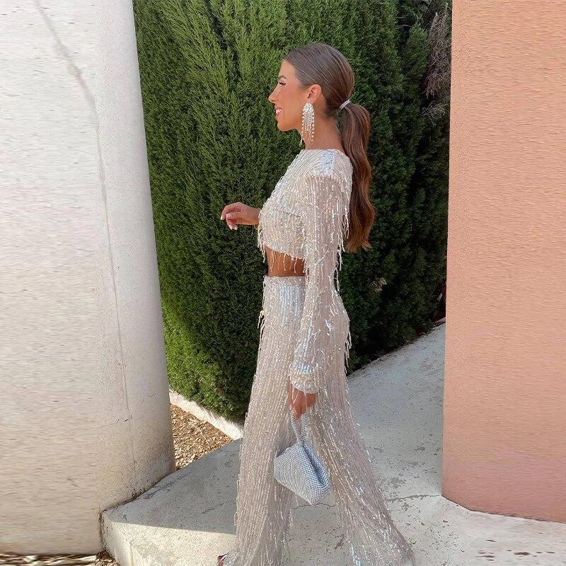 Paiete cu ciucuri Femei Seturi 2 piese Argintiu Mătase strălucitoare Topuri crop cu decolteu Pantaloni largi Pantaloni pentru femei Set de pantaloni pentru femeie Fashion Street Lady Set Legant Party Sexy Outfits