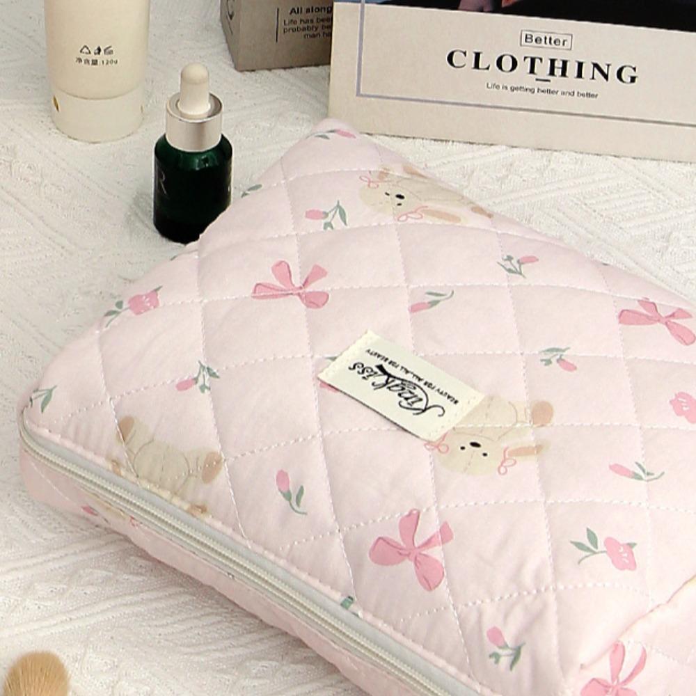 Fashion Bow Women Makeup Bag Large Capacity Multifunctional Cotton Quilted Zipper Bag Toiletries Handbag