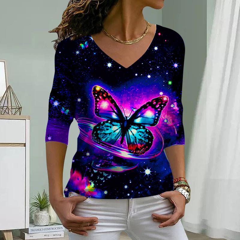 Colorful Glowing Butterfly Print Women Tshirts Ladies Tops Long Sleeve V-neck Pullover Femme T-shirts T Shirt For Women