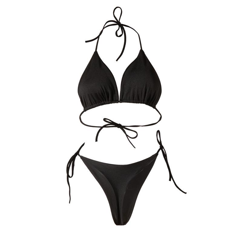 European & American Solid Color Tie-Up Bikini G-string Swimwear