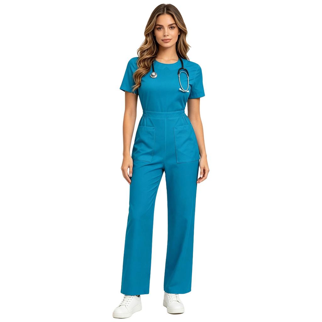 Women Scrubs Rompers Short Sleeve Front Big Patch Pockets Back Zipper Straight Wide Leg Jumpsuit Workwear for Doctor Nurse Medical Staff