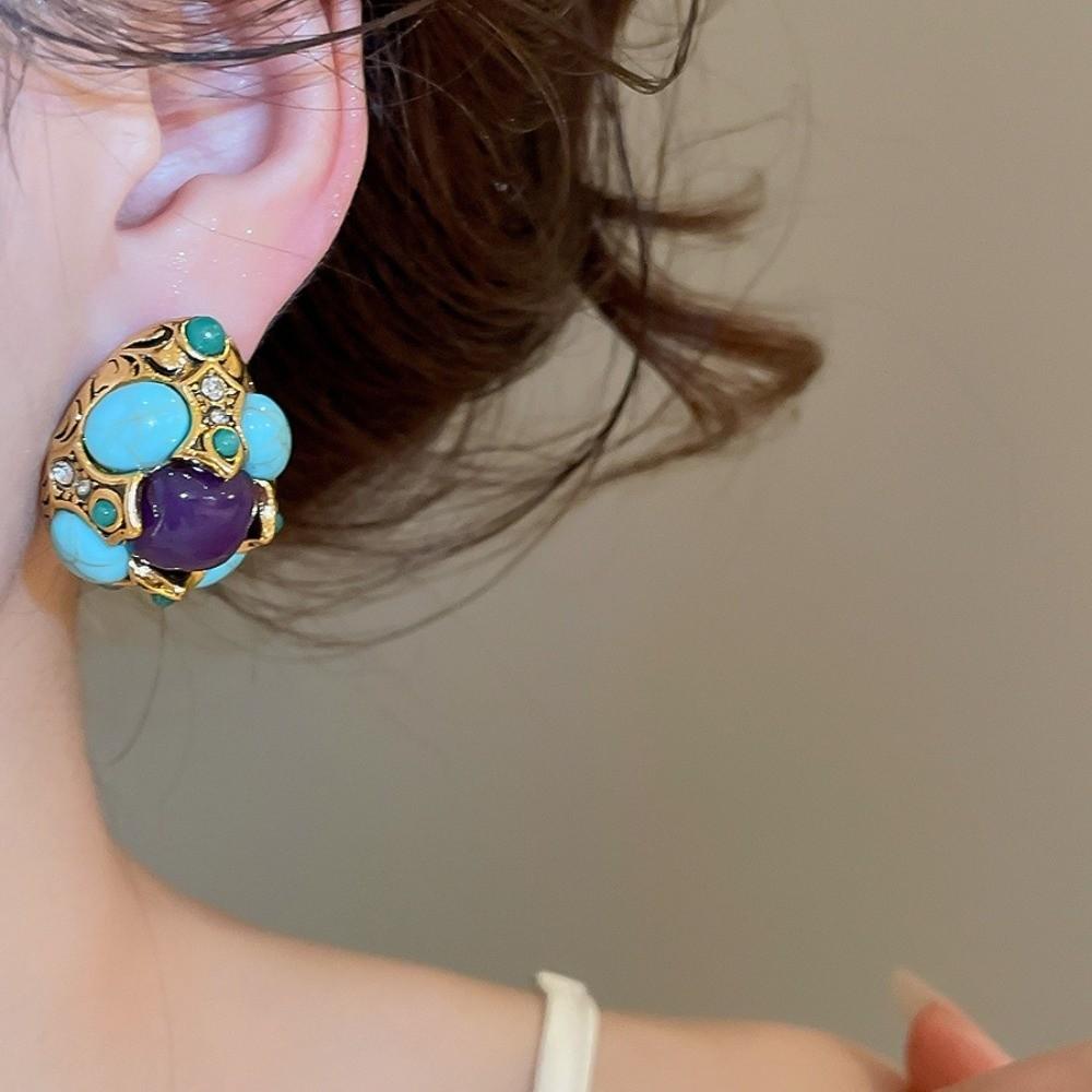 Zinc Zinc Alloy Flower Earrings Peacock Blue Medieval Resin Earrings Irregular-shaped Ear Stud  Wedding