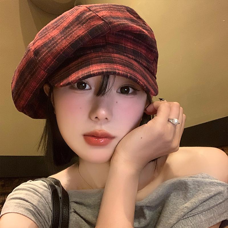 Vintage Red Plaid Cloud Beret Hat For Women Summer Casual Fashion Accessory
