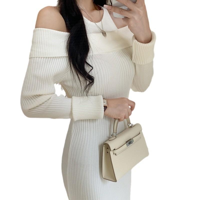 Knit Autumn and Winter Off-shoulder Fake Two One-shoulder Slim-fit Knitted Fishtail Dress