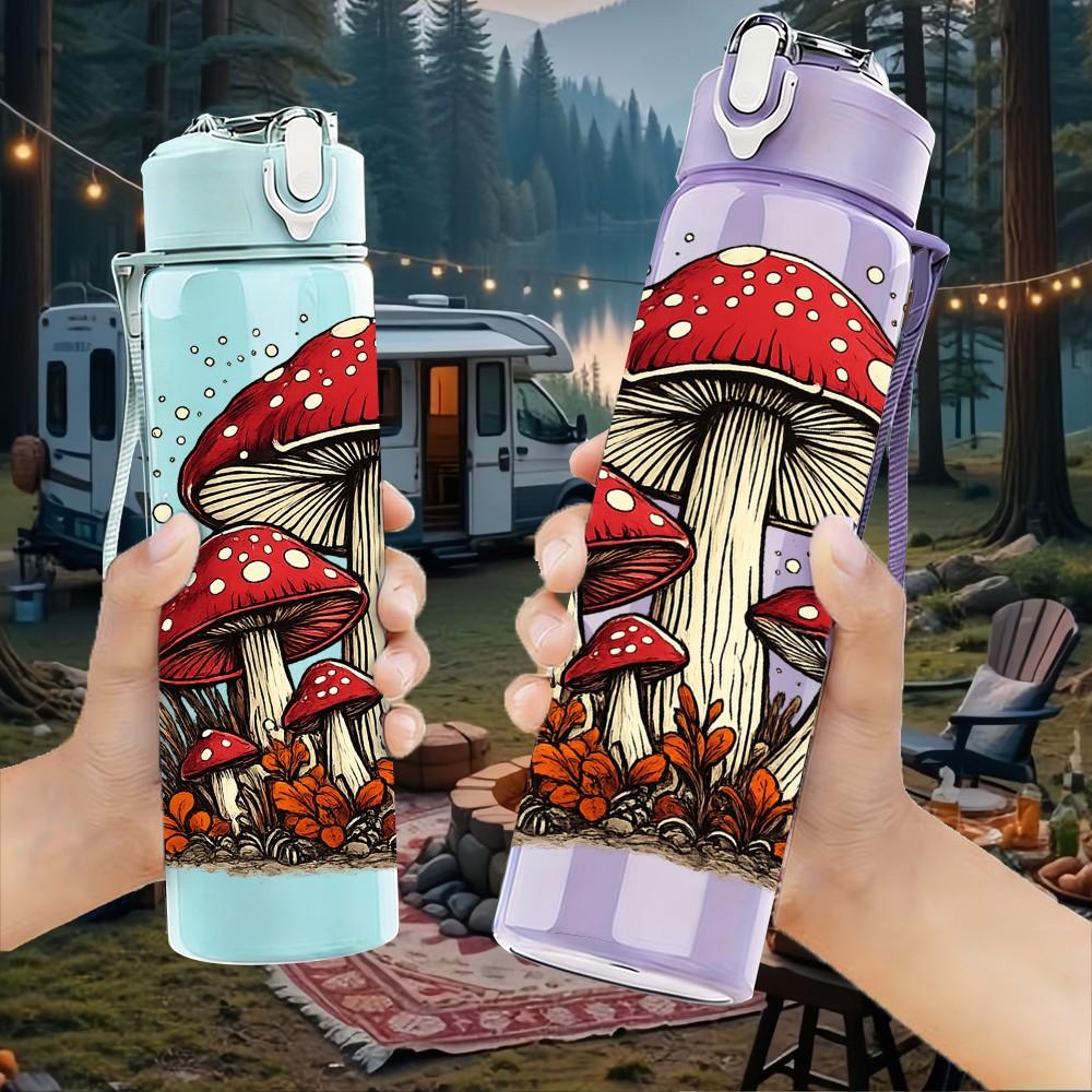 1PC Forest Red Mushroom Plant Art Print 750ml Color Plastic Sports Water Bottle Leakproof Flip Straw Lid Suitable for Sports Office Home Use