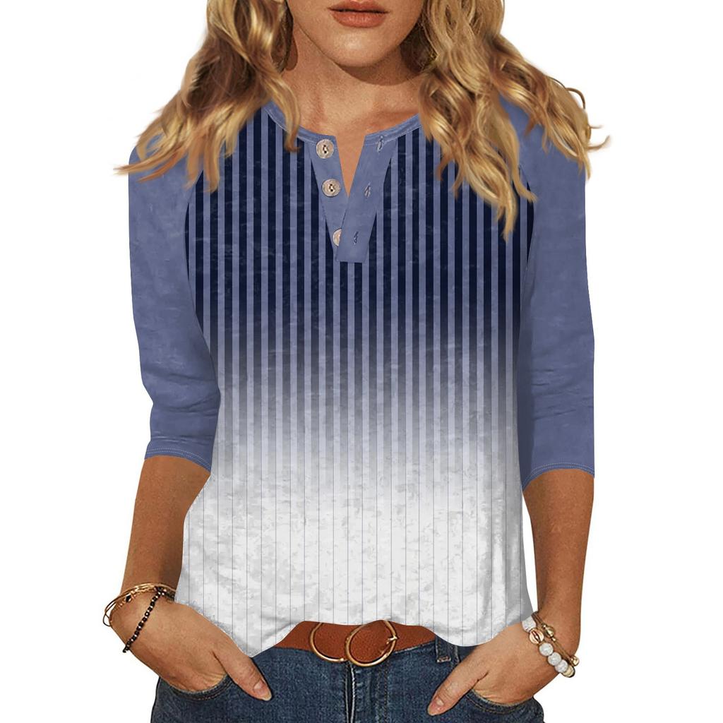 Dámské tričko s potiskem, knoflíky, 3/4 rukávy, pro každý den, na víkend, módní, základní, s výstřihem do V, běžný top