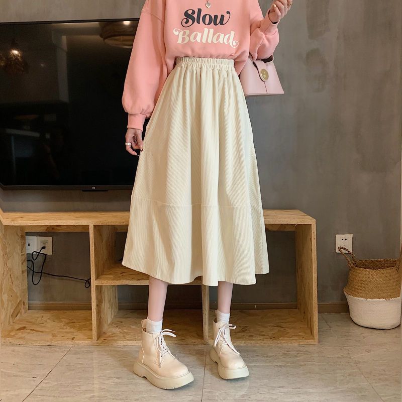 Herbst Winter Frühling Damen Cord Midi Rock Elegant Retro Hohe Taille Koreanischer Stil Schirmrock Elastischer Bund
