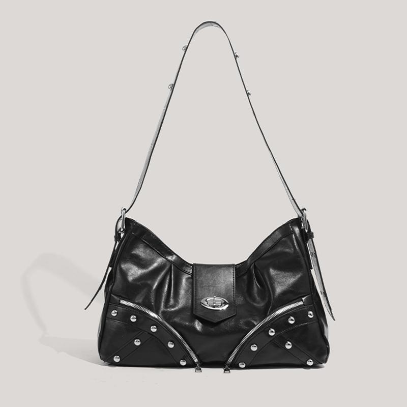 

Yogodlns Женская мотоциклетная сумка-кроссбоди с заклепками и регулируемым ремешком, из ПУ кожи, плиссированная, текстурированная, подмышечная/на плечо, кошелек, сумочка 30x10x16cm чёрный