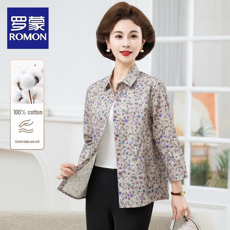 ROMON Women s Floral Print Nine-Quarter Sleeve Cotton Shirt 4XL
