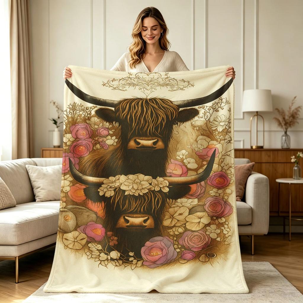 Soft Warm Flannel Blanket with Vintage Highland Cow And Floral Print All Season Cozy Throw Blanket for Sofa Couch Bedroom Living Room Home Decor