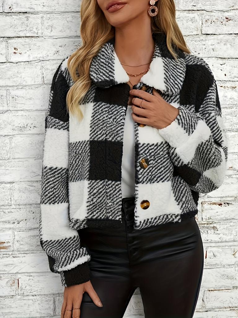 Plaid Pattern Button Front Teddy Coat All-match Long-sleeved Winter Warm Jacket Women's Clothing