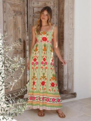 European and American Cross-Border 2025 Fashion Linen Printed Casual Camisole Dress