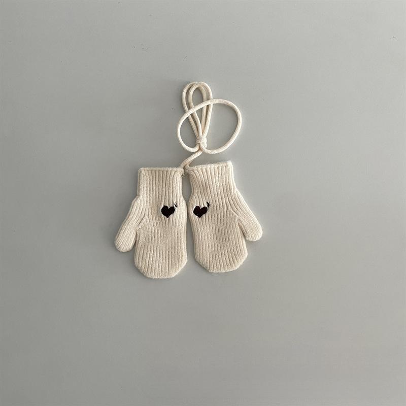 Winter Winddicht Kältefest Warm Kinderhandschuhe 2-5 Jahre Gesticktes Herz Halsband Strick Cremefarben Babygarn Säuglingswolle