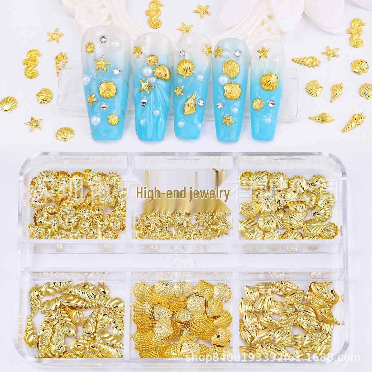 Six-Grid Ocean Style Metal Nail Art Rivet Stickers: Mixed Marine Life Nail Decorations