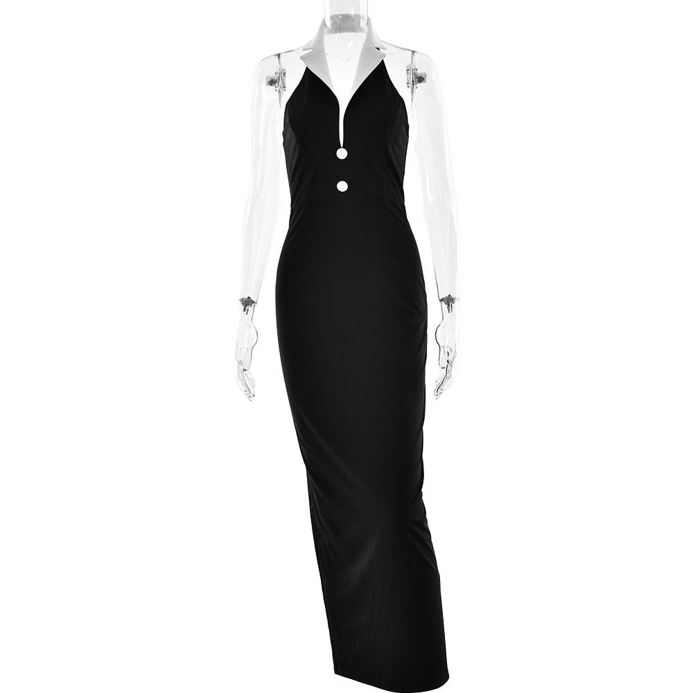 Women s Lapel Halter Sleeveless Maxi Dress Slim Fit High Waist Sexy Spring Color Block Mermaid Dress S