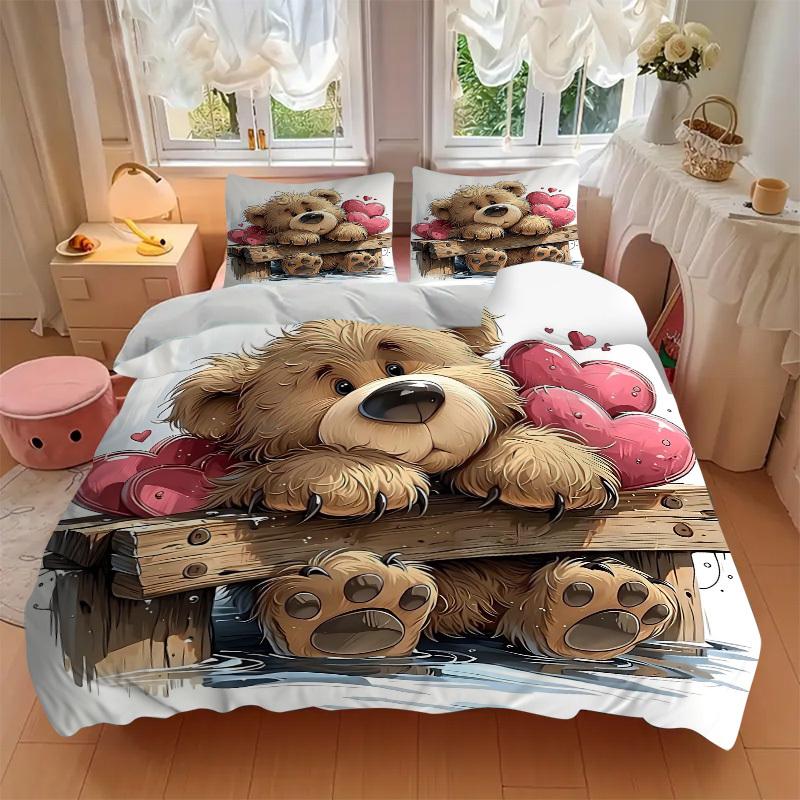 3pcs Anime Teddy Bear Bedding Set - Includes One Quilt Cover and Two Pillowcases (No Core) - Polyester Fabric - Perfect for Bedroom and Gues
