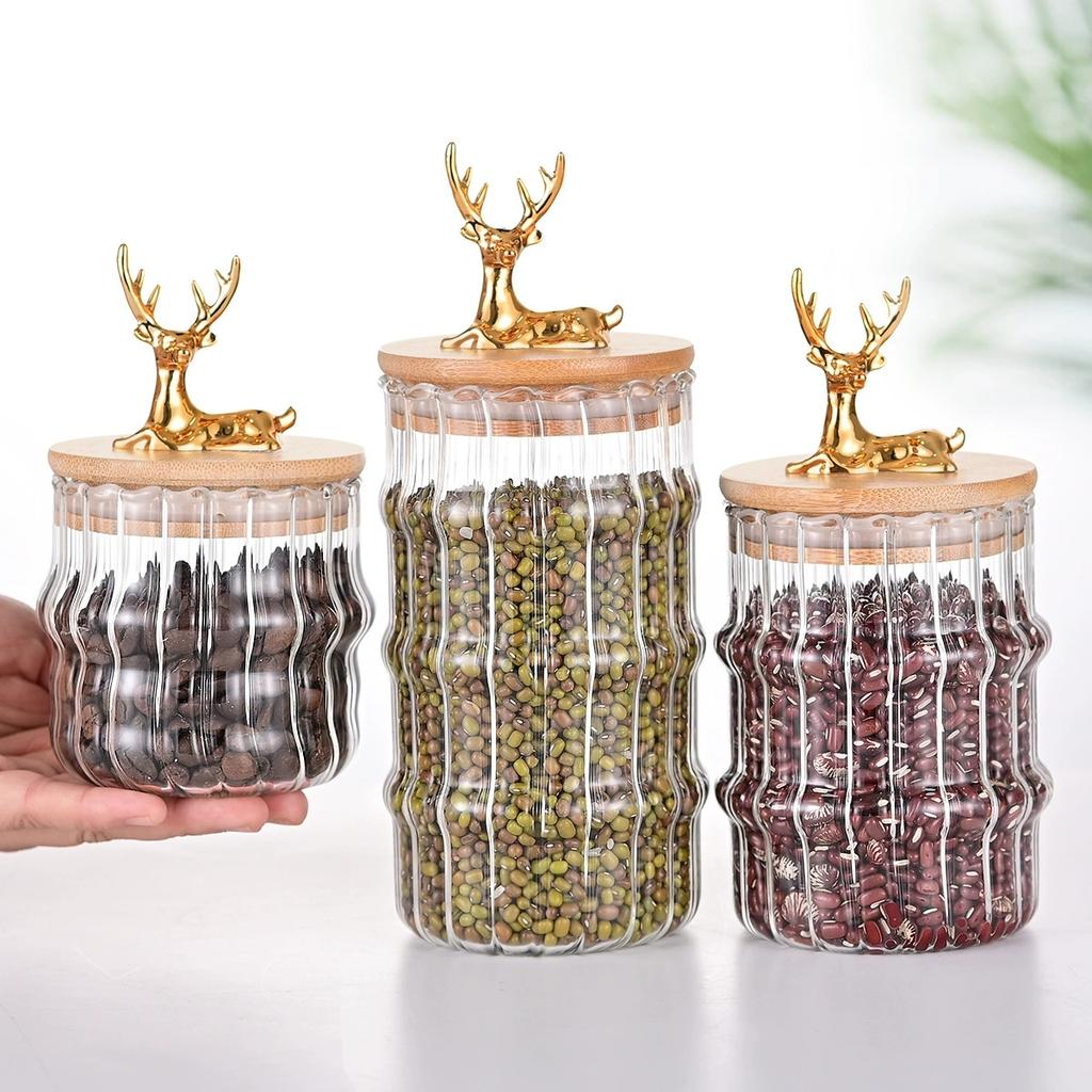 Glass Food Jar with Sealed Bamboo Lid Kitchen Pantry Grains Cookie Coffee Tea Candy Snack Storage Bottle Jars Kitchen Canister