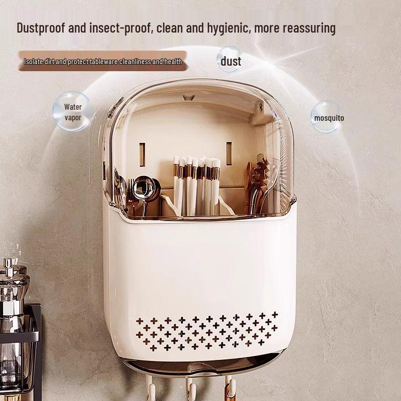 Wall-Mounted Chopstick & Spoon Holder: Punch-Free, Dustproof, Draining Storage Cage for Kitchen.