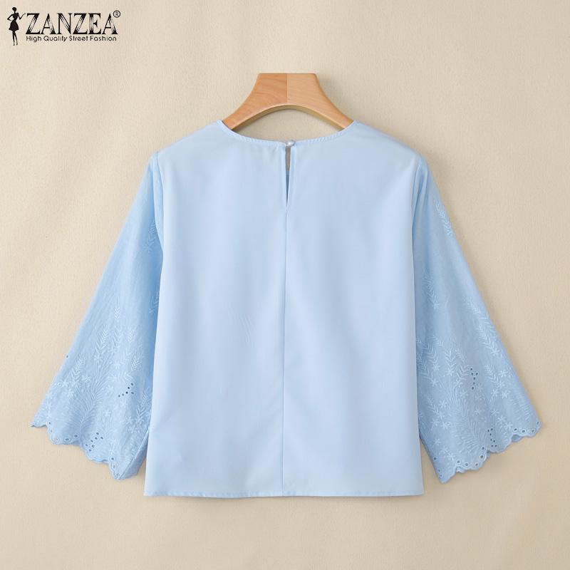 ZANZEA Bluză de damă casual cu broderie, dantelă patchwork, largă, cu gât rotund și mâneci 3/4