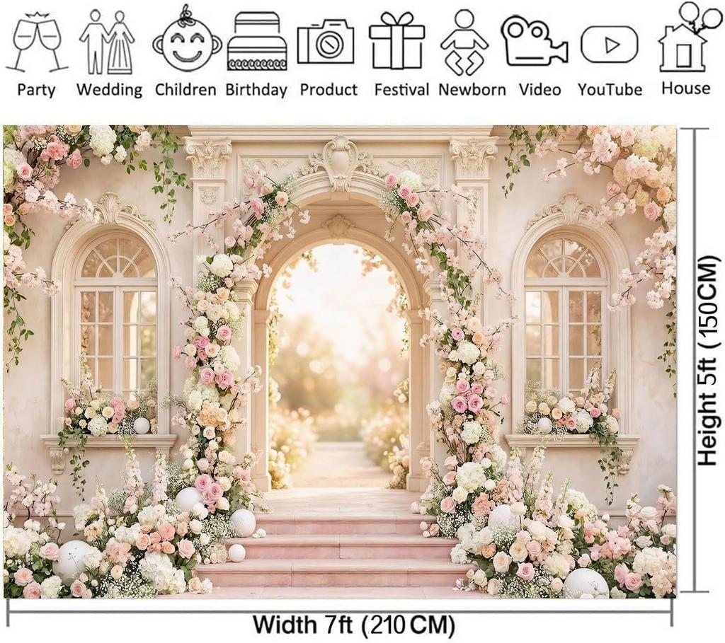 7x5ft Floral Garden Wedding Backdrop for Photography, European Arch Pink Rose Palace Background, Romantic Spring Flower