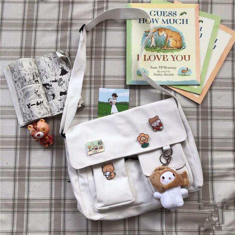 Japanese Harajuku Cute Retro Girl Shoulder Bag Chic Badge Canvas Crossbody School Bags Student Solid Color Messenger Bag Satchel