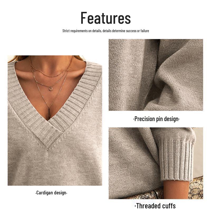 European & American Style Women's Loose V-Neck Knitted Pullover Sweater