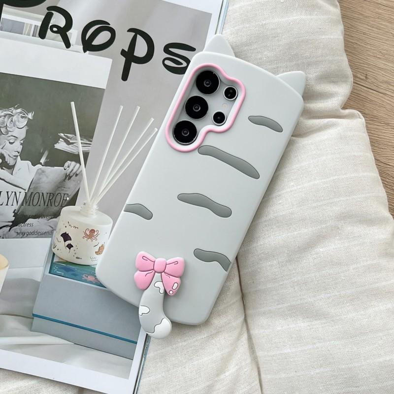 3D Cat Ears Tail Silicone Phone Case for Samsung Galaxy S23 S24 S25 S26 Ultra FE A56 A55 A36 A35 A26 A17 A16 A24 A25 A26 and iPhone 17 16 15 14 13 12