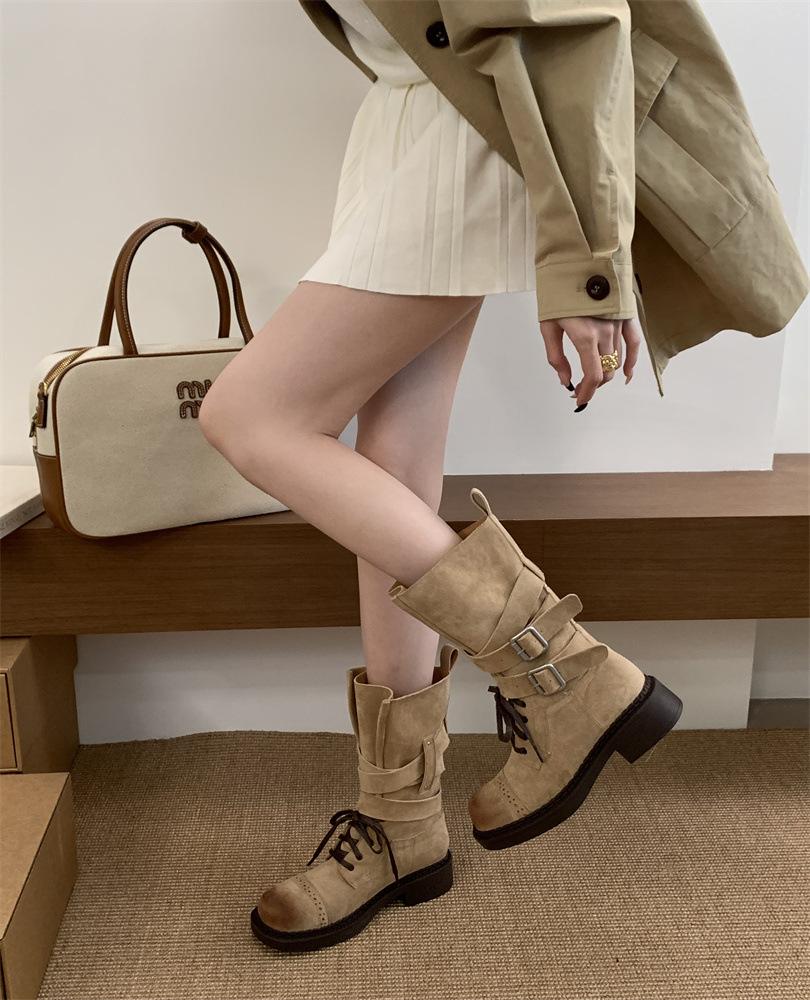 

Lazy fashion retro leather lace-up locomotive boots women s design belt buckle medium tube thick heel knight boots 39 хакі