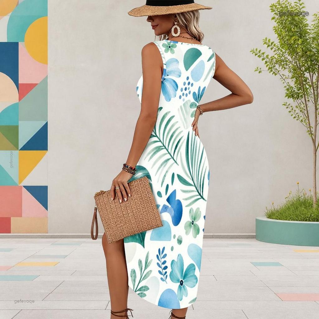 Women Plus Size Sleeveless U Neck Tropical Leaf Printed Dress High Side Slit Curved Hem