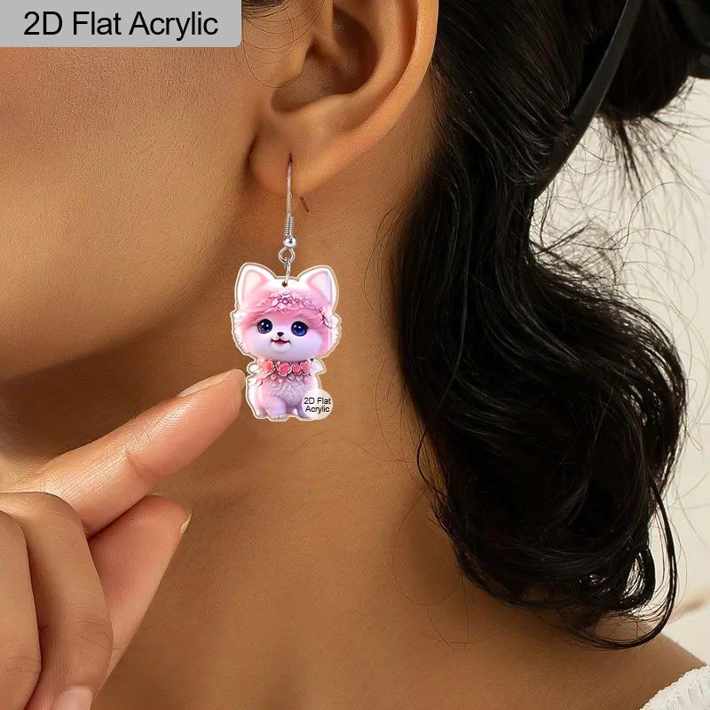 2D Flat Pink Cat Earrings Cute Cat Pattern Acrylic Dangling Earrings Pet Lover Accessories Gift