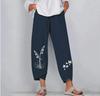 Women's Cotton Linen Elastic Waist Print Wide-Leg Pants - Loose Casual Nine-Point Style