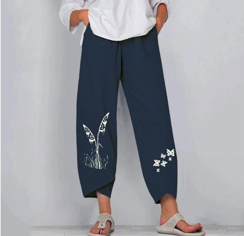 Women's Cotton Linen Elastic Waist Print Wide-Leg Pants - Loose Casual Nine-Point Style